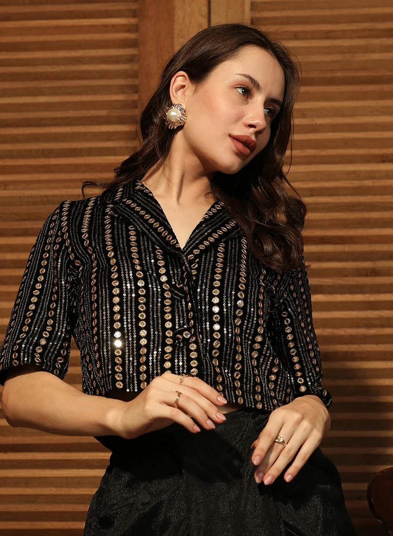 Qissa  Women's Onyx Black Aureate Mirror Co-Ord Set For Casual Wear | Cuban Collar | Short Regular Sleeves | 2 Piece Co-Ords Designed With Comfort Fit For Everyday Ethnic Wear for Women | Best Price UAE